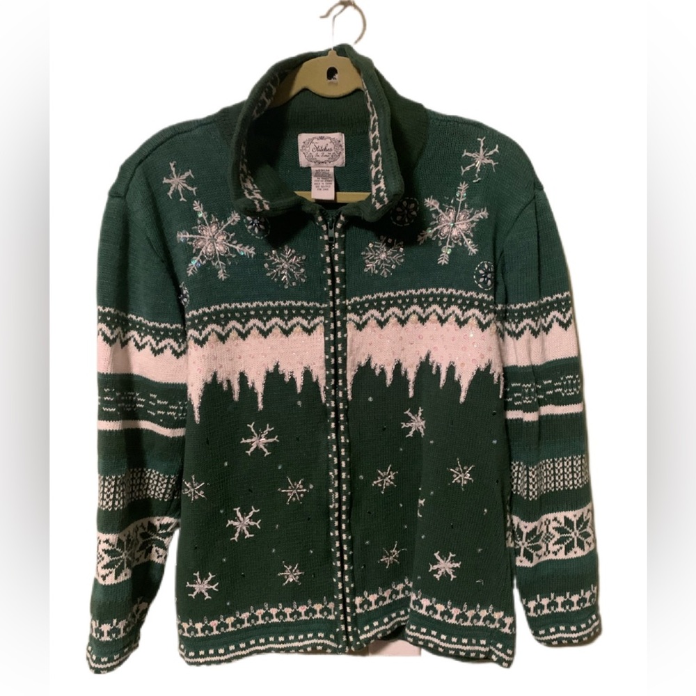 Stitches In Time Zip Up Christmas Sweater Snowflakes Size M Like New